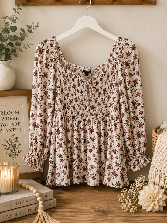 torrid Tops - Torrid Floral Smocked Peplum Blouse Size 4 Ivory Red Long Sleeve Plus Size